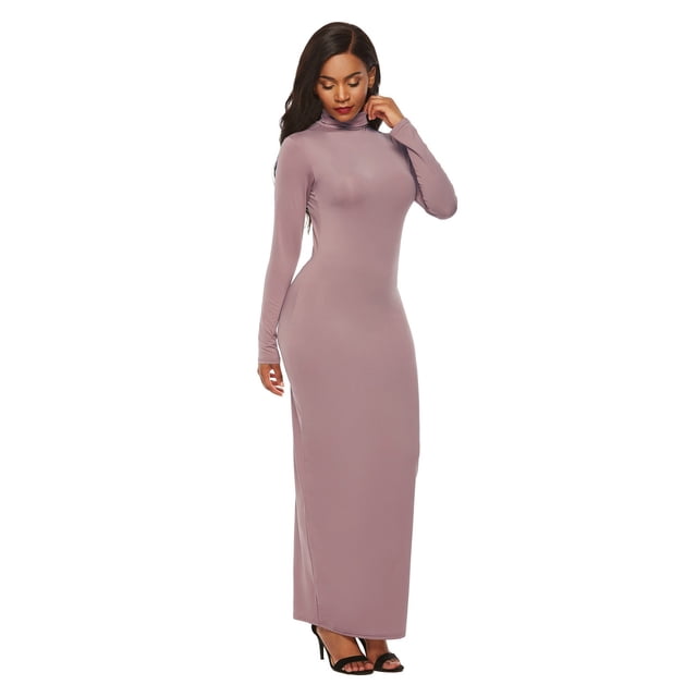 Robe Longue Ajustée à Manches Longues et Col Montant pour Femmes, Couleur Unie, Extensible