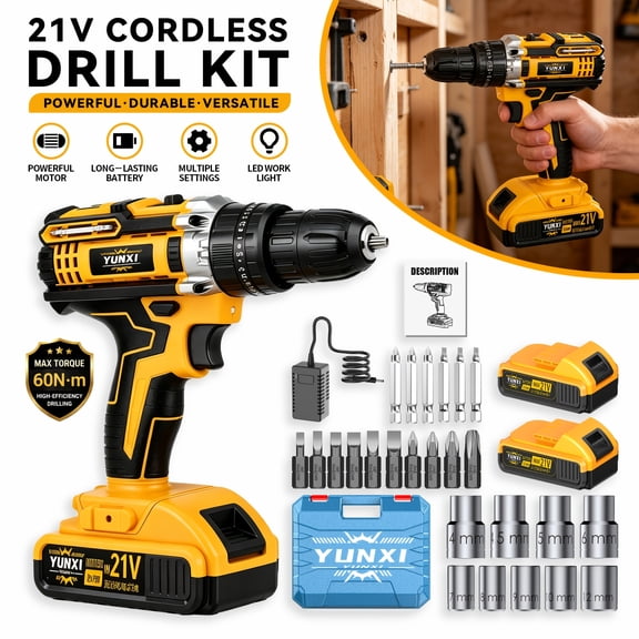 YUNXI 21V Cordless Drill Driver, 2 Lithium Batteries, 60N·m Max Torque, 21 Piece,Perfect Gift