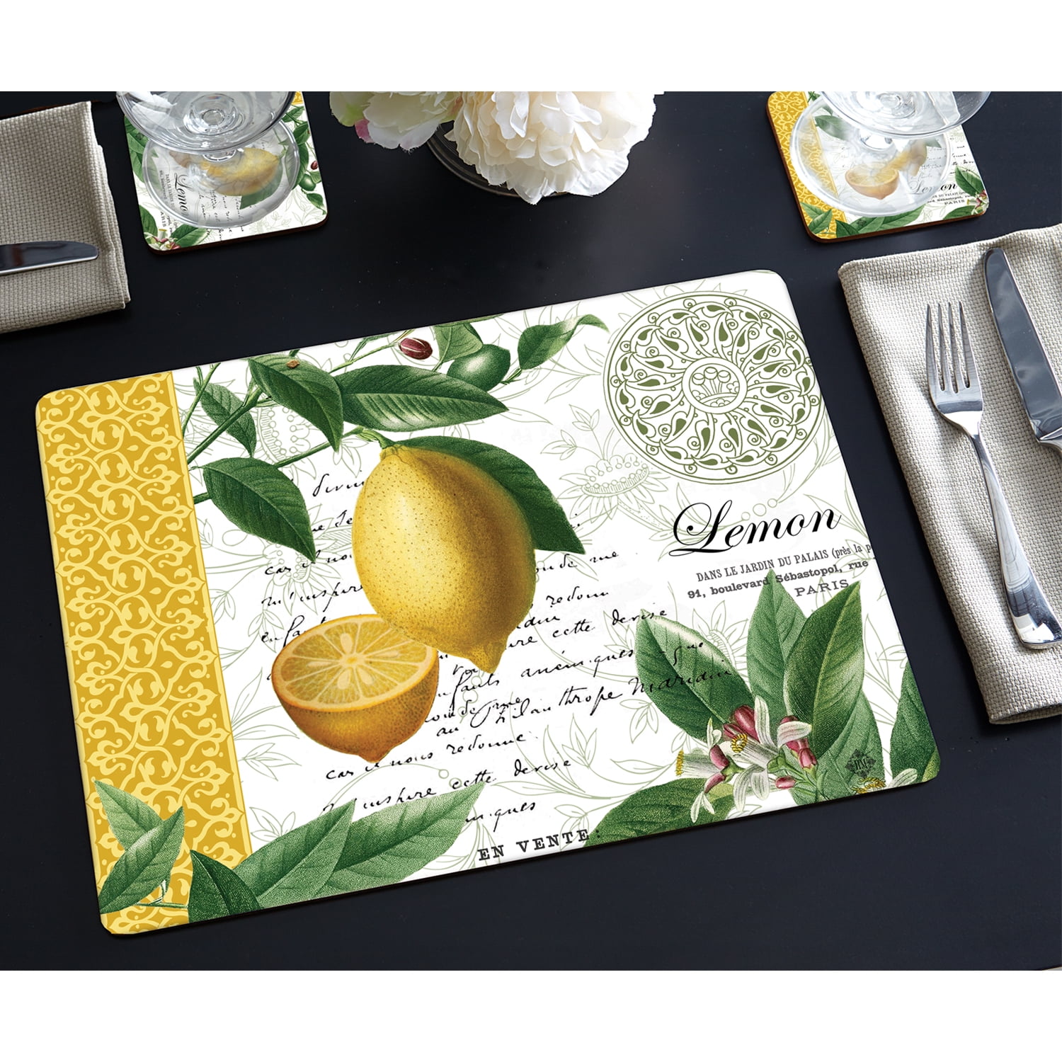 Cala Home "Citron" Premium Decorative Hardboard Cork Back Tabletop Placemats 4 Pack