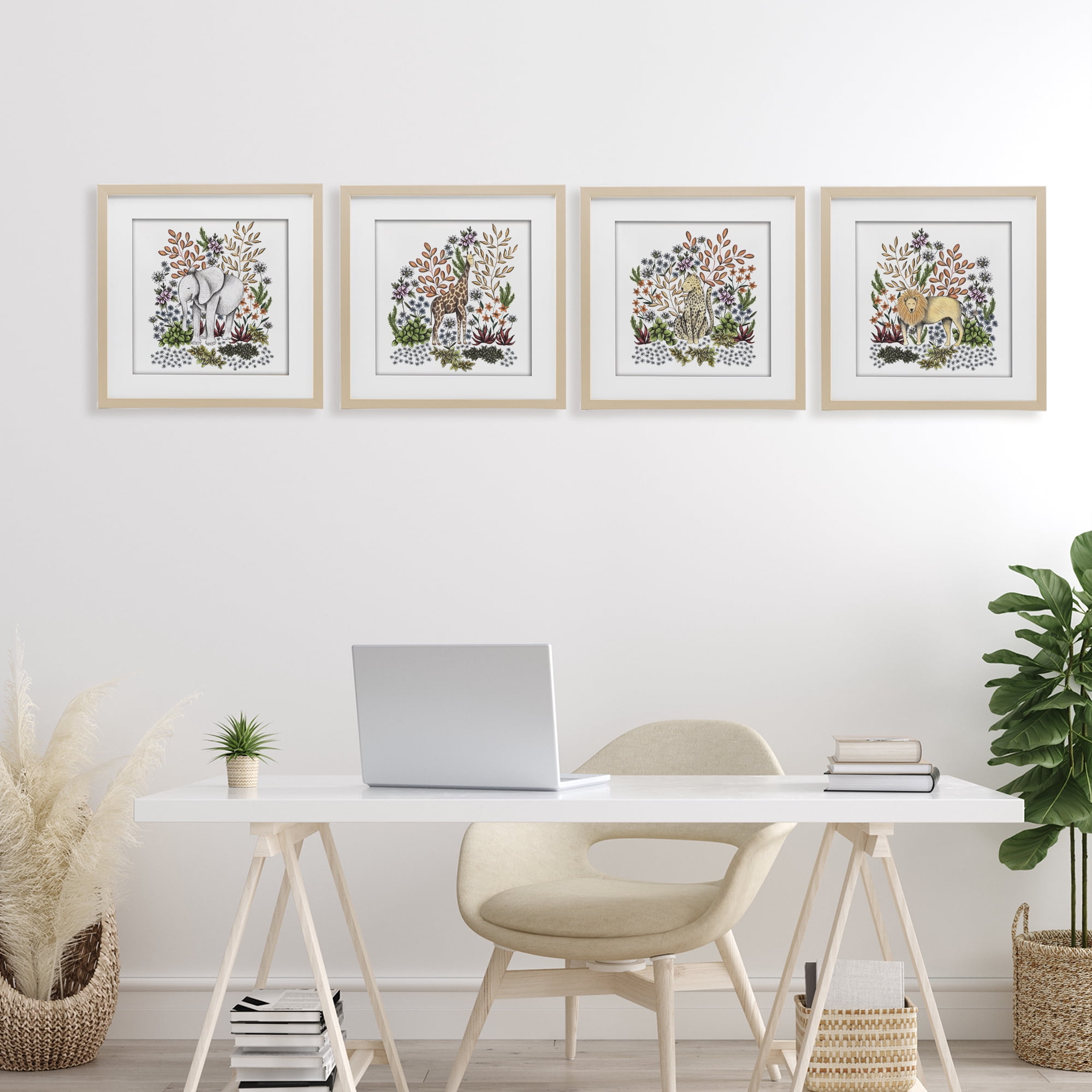 Jungle Wildlife & Botanicals 4 Piece Birch Framed Print Under Glass Set, design by Cecilia Battaini