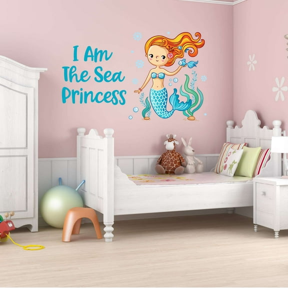 I Am The Sea Princess Mermaid Teal Colorful Fish Salt Water Creatures Seahorse Queen Sweet Dreams Bedtime Unicorn Lovely Dear Dream Holiday Gift Decorating Wall Decal Sticker - Size: 40 In X 24 In