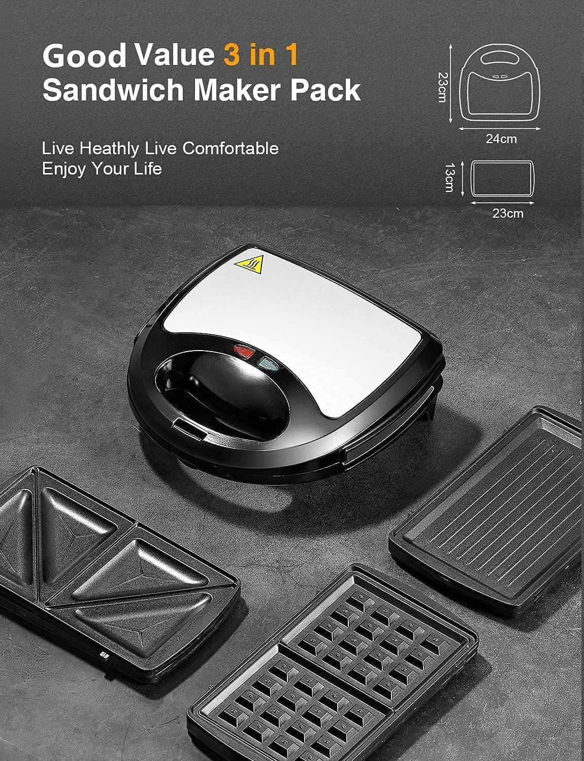 3-in-1 Waffle Maker,  Sandwich Maker, Panini Press with Removable Non-Stick Plates