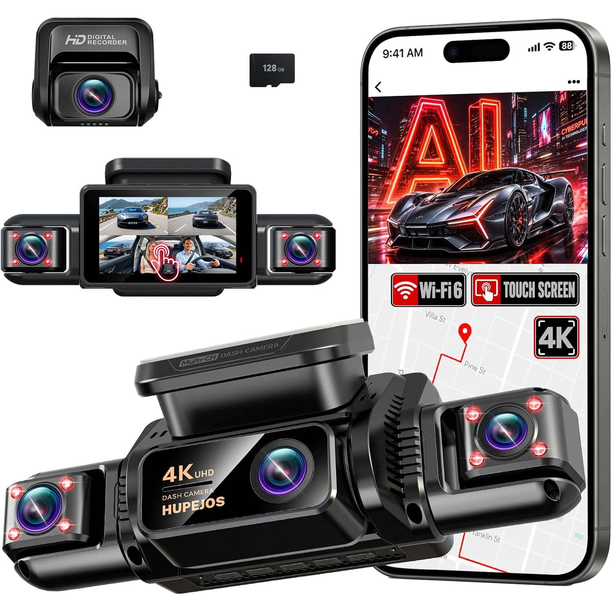 HUPEJOS 4K Dash Cam Front and Rear, 360° View 4 Channel Car Camera with AI Driver Monitoring System, Free 128GB Card, GPS, 5GHz WiFi, Touchscreen, HDR Night Vision, 24/7 Parking Mode