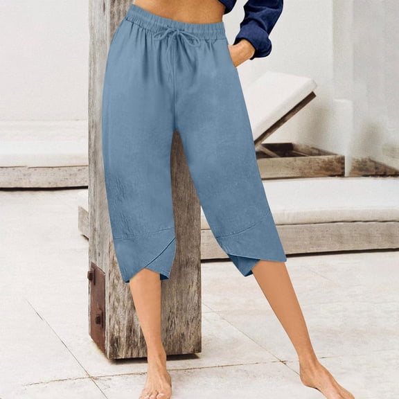 Ndbuld High Waisted Capri Leggings for Women Women Knee Length Shorts Drawstring Solid Elastic Waist Sweatpants with Pockets Pants RollbacksBlueXL