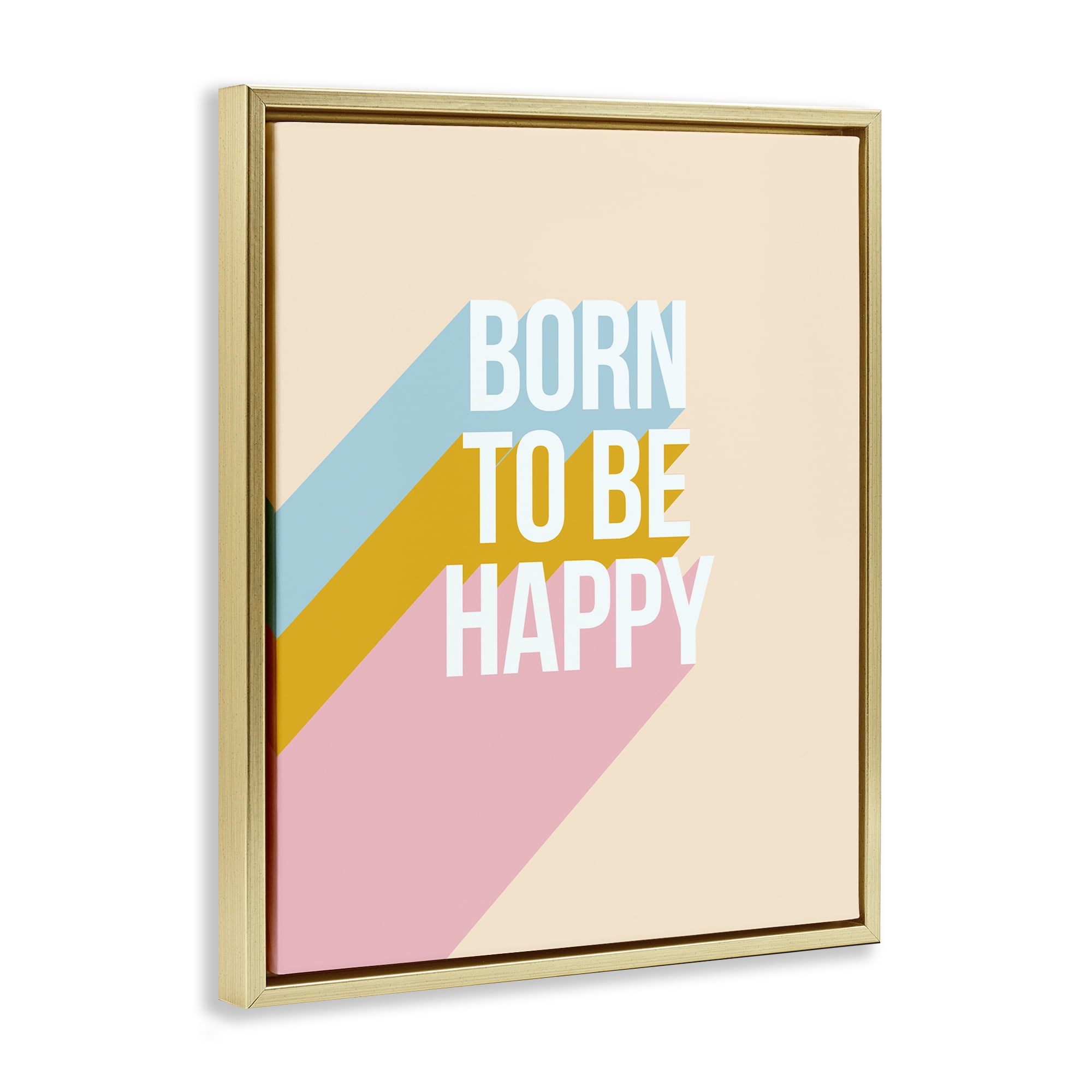 Stupell Industries Born To Be Happy Pastel Text & Numbers Painting Gold Floater Framed Canvas Art Print Wall Art, 17 x 21