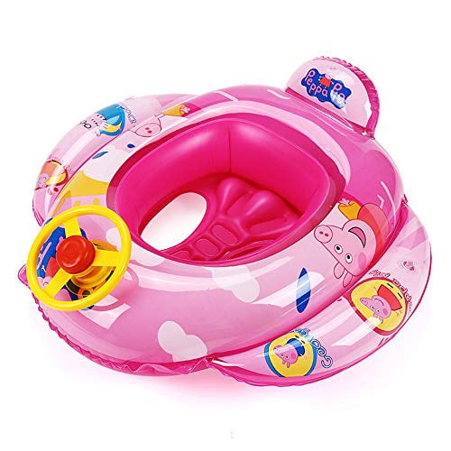 Baby Kids Pink Inflatable Steering Wheel Swimming Trainer Seat Float Ring Car 
