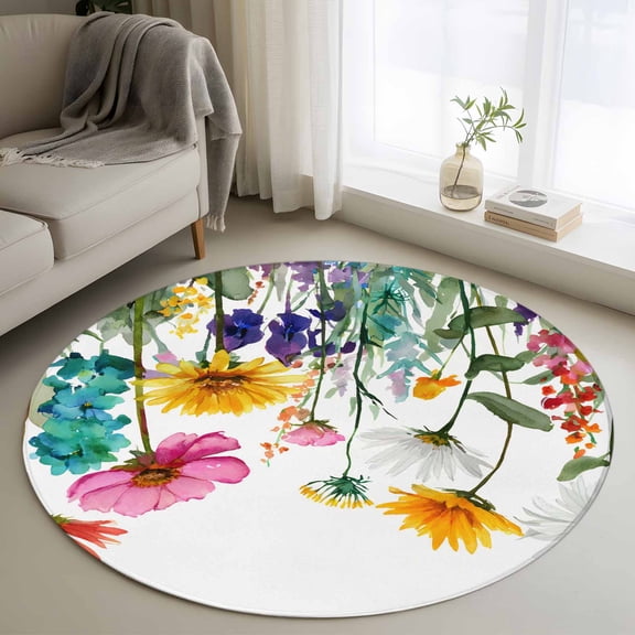 Round Rugs 3Ft, Spring Floral Round Area Rug Washable Indoor Throw Carpet, Yellow Pink Flowers Farmhouse Botanical Small Non Slip Circle Rug for Bedroom Living Room Home Decor Aesthetic