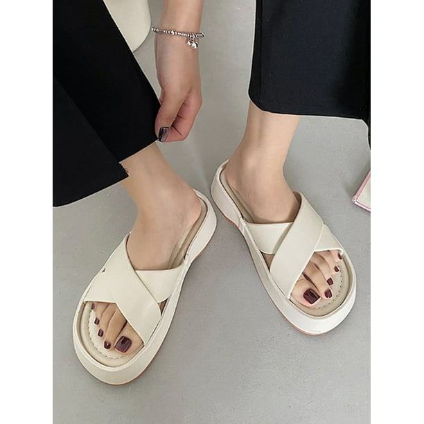 UKAP Womens Slides Non slip Platform Sandals Slip On Slide Sandal Ladies Shoes Lightweight Summer Slippers Beige 4.5