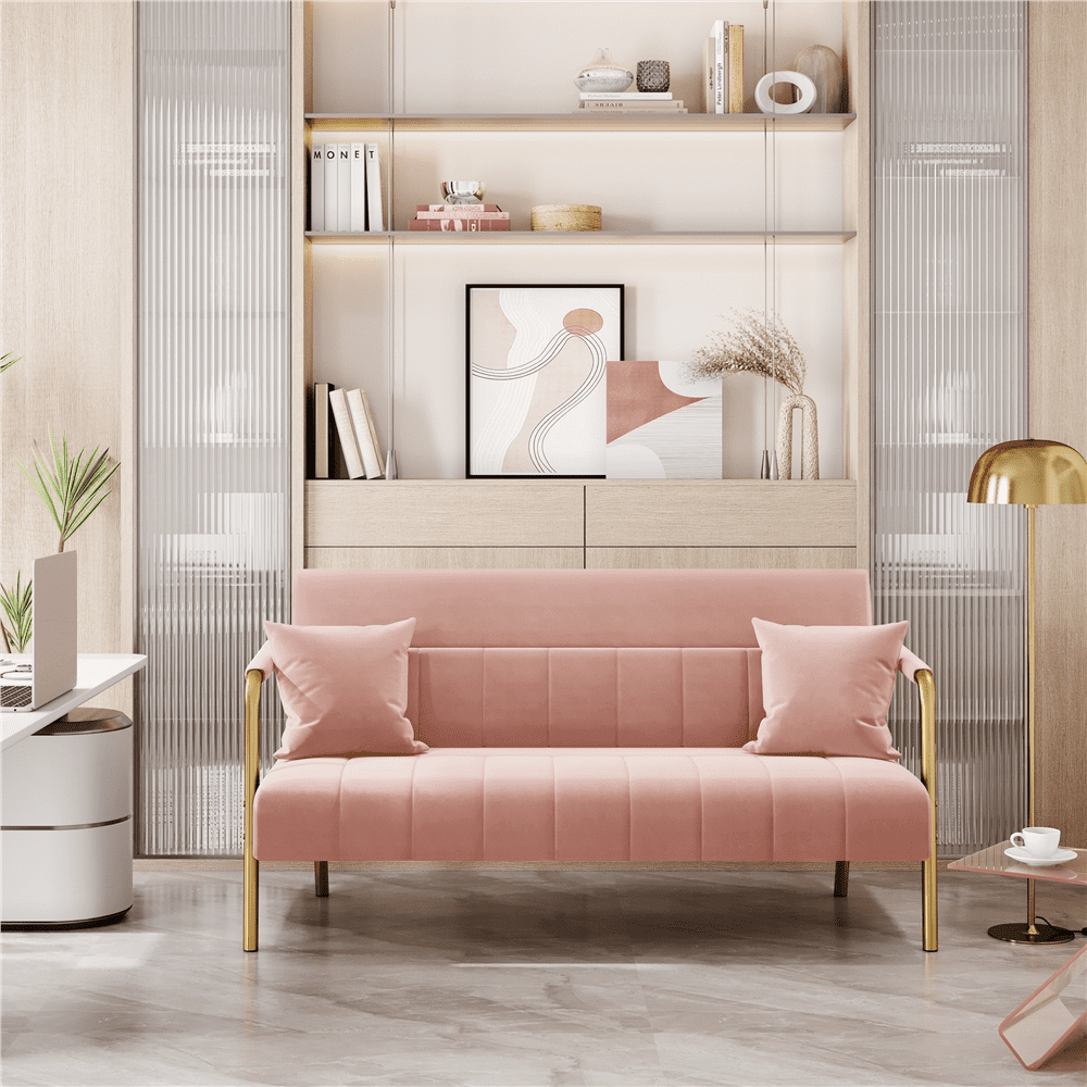 Yaheetech 56 6 W Modern Upholstered Sofa Couch with 2 Pillows Pink