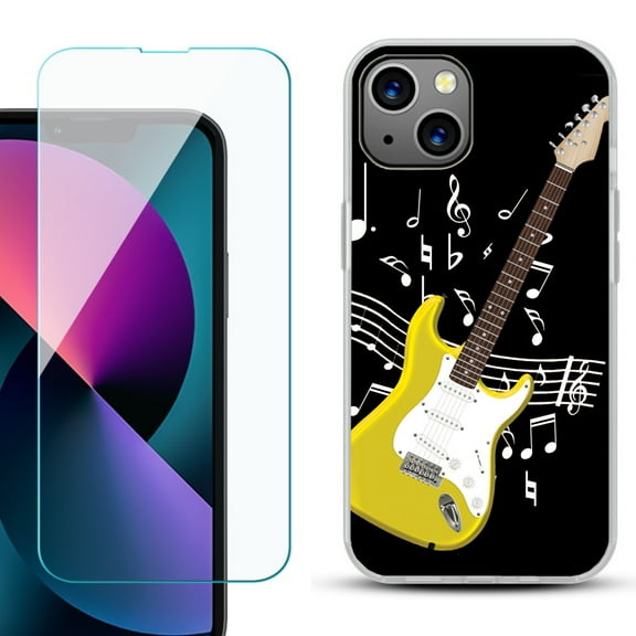 Slim-Fit Gel TPU Phone Case for iPhone 13 Mini, with Tempered Glass Screen Protector, by OneToughShield ® - Guitar Yellow