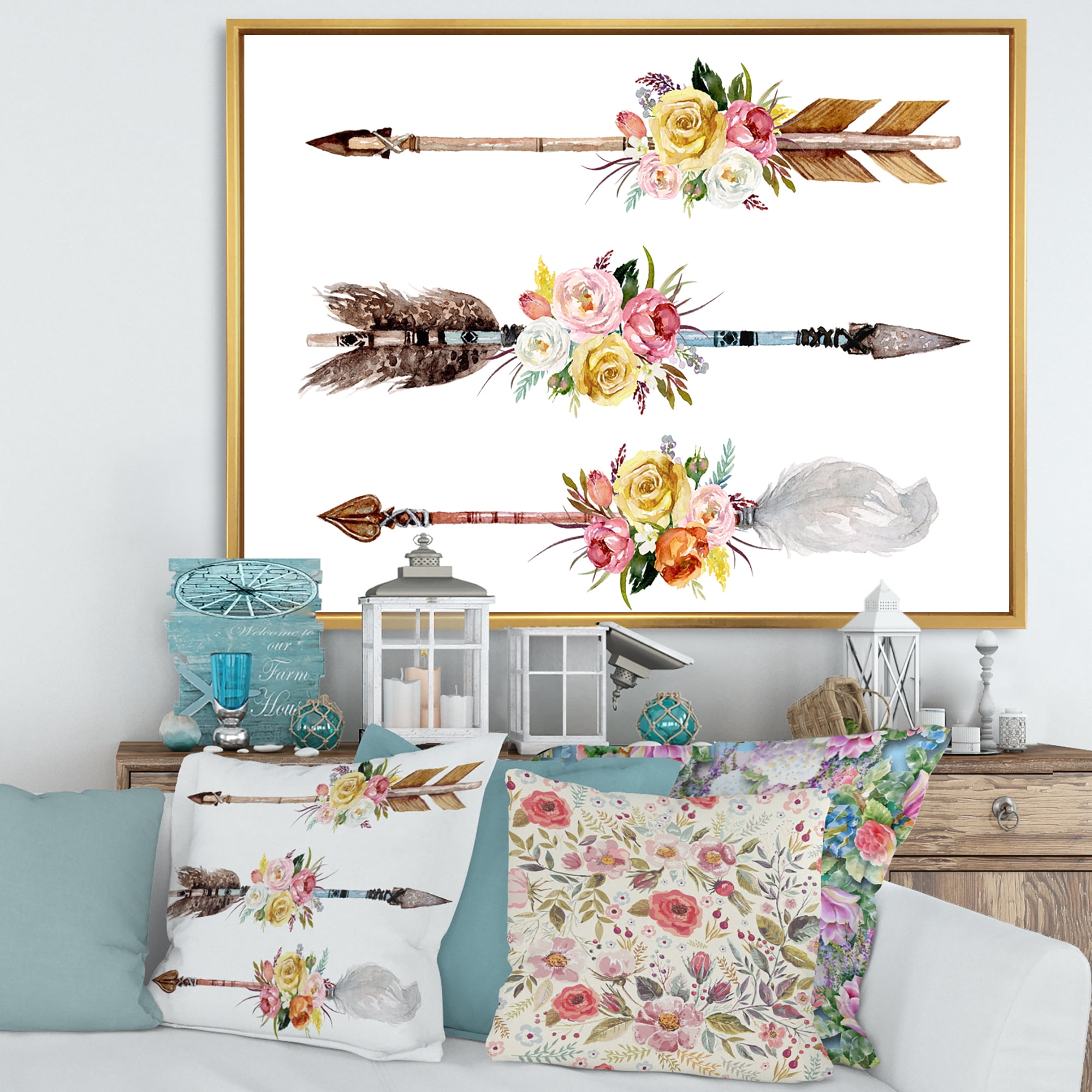 Designart 'Flowers and Ethnic Feathers On Native Arrows II' Bohemian & Eclectic Framed Canvas Wall Art Print