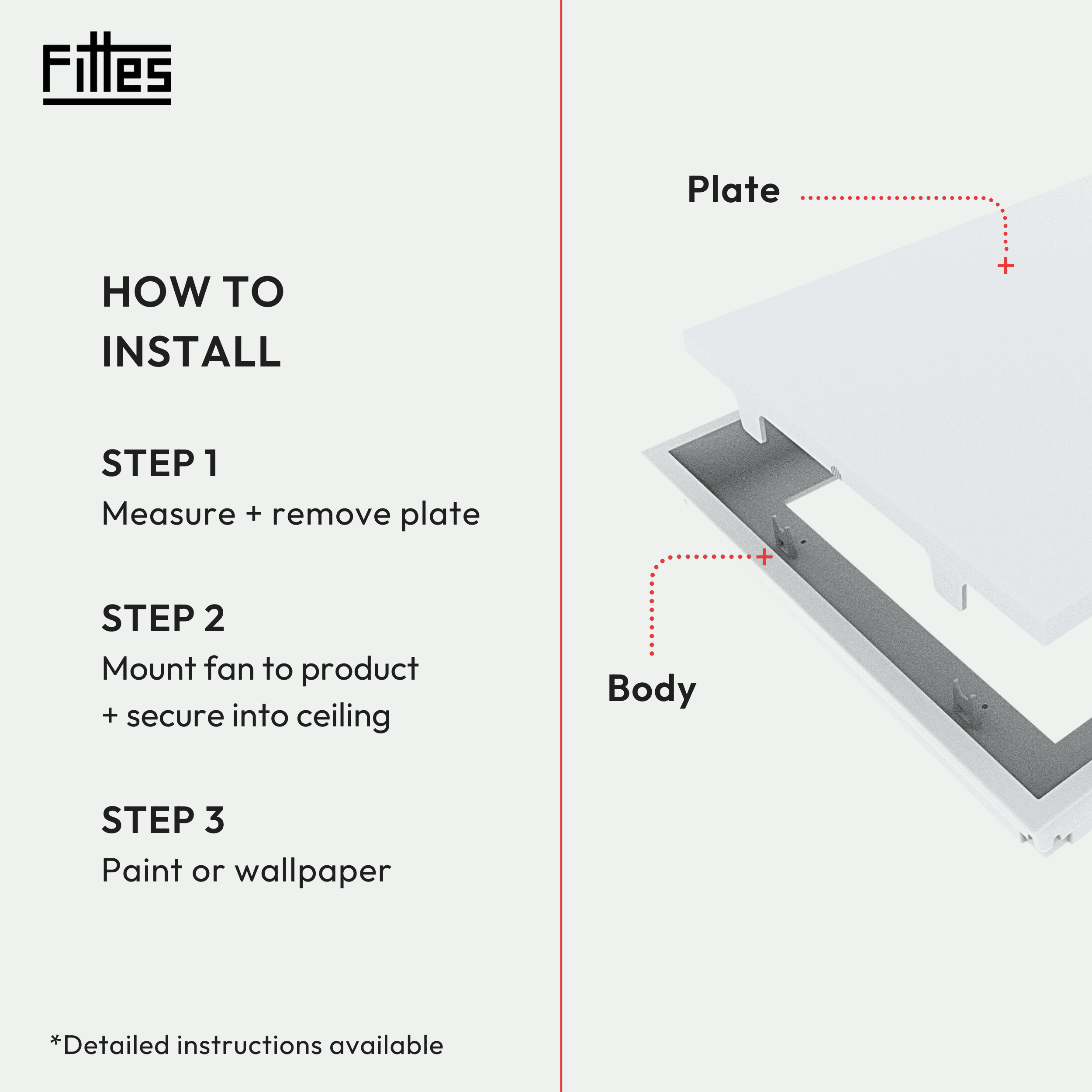 Fittes Framed Exhaust Mount [Lite], Minimalist ABS Plastic Bathroom Ventilation Fan Upgrade Cover for Wall or Ceiling, Easy 15-Min DIY Install, – 14"x14" – Cotton White