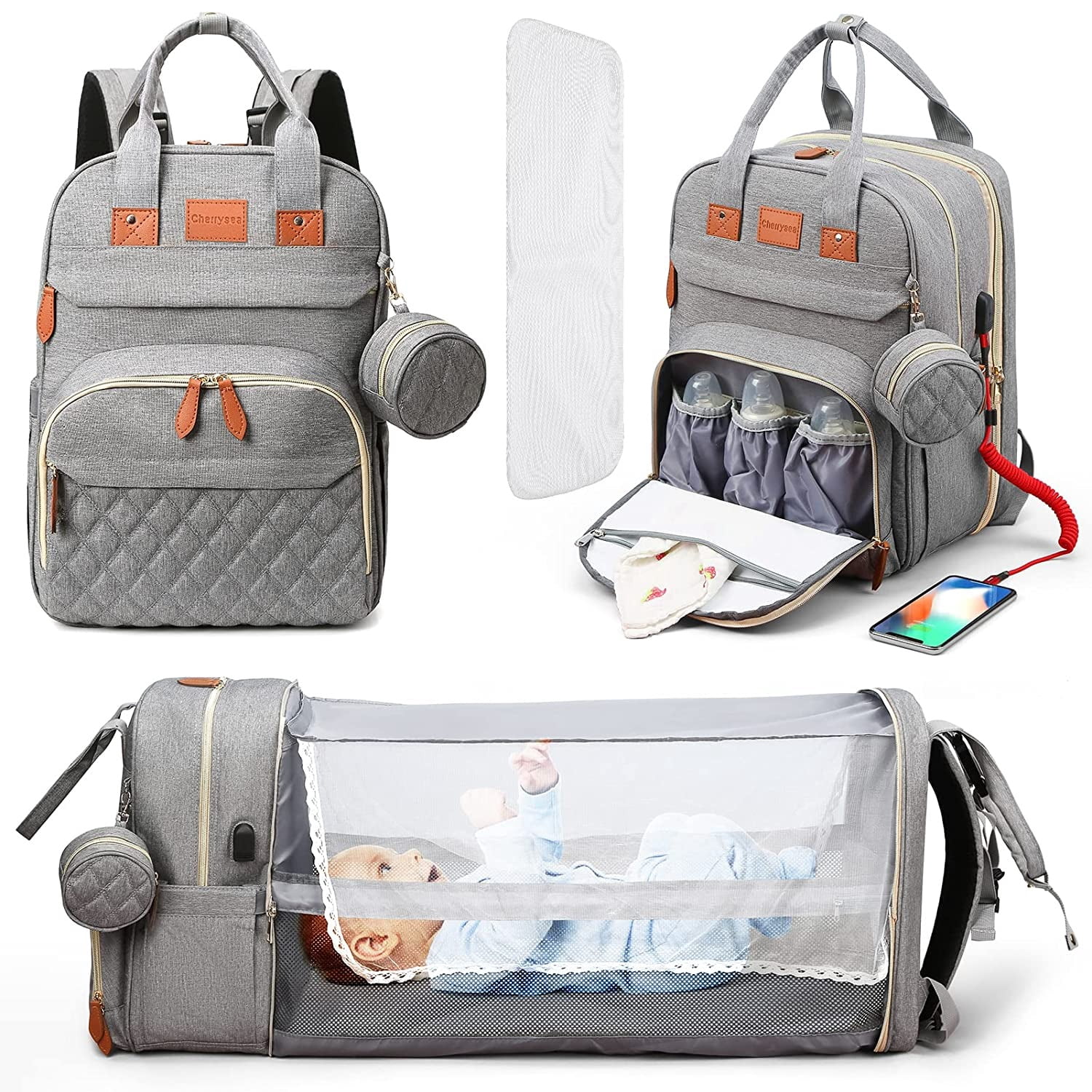 RsenFremior 3 in 1 Diaper Bag Backpack, Foldable Baby Bed Waterproof Travel Bag with USB Charge& Insulated Pockets, Large Unisex Diaper Bag Backpack for Baby