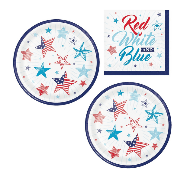 Patriotic Party Supplies Red White and Blue Dessert Plates and Paper Plates for 16