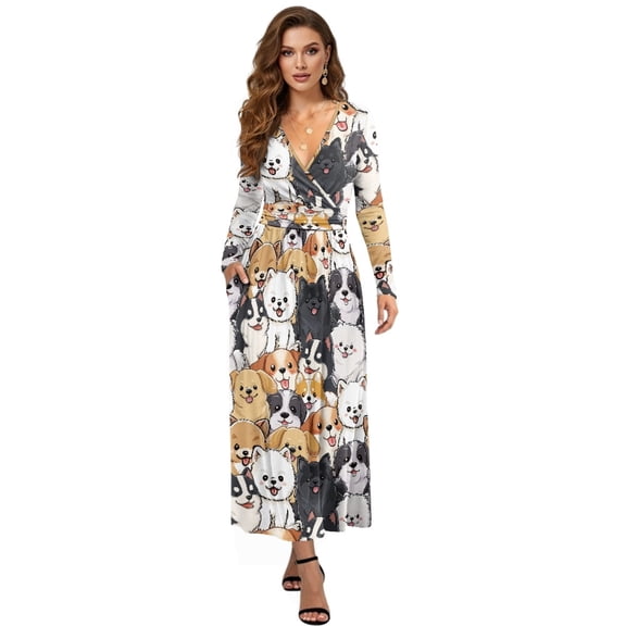 Tutolipy Dog Printed Dresses for Women V Neck Midi Dress Long Sleeve Dresses Wedding Guest Holiday Beach Long Dress, 3XL