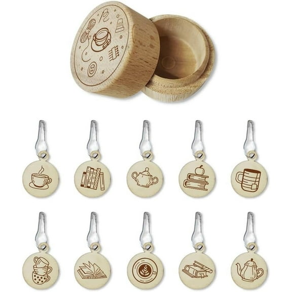 1 Set 20 Pcs 10 Styles Teacup/teapot Wood Locking Stitch Markers Round Stitch Marker Wooden Crochet Stitch Markers with Gourd Safety Pins for Knitting Weaving Sewing Quilting