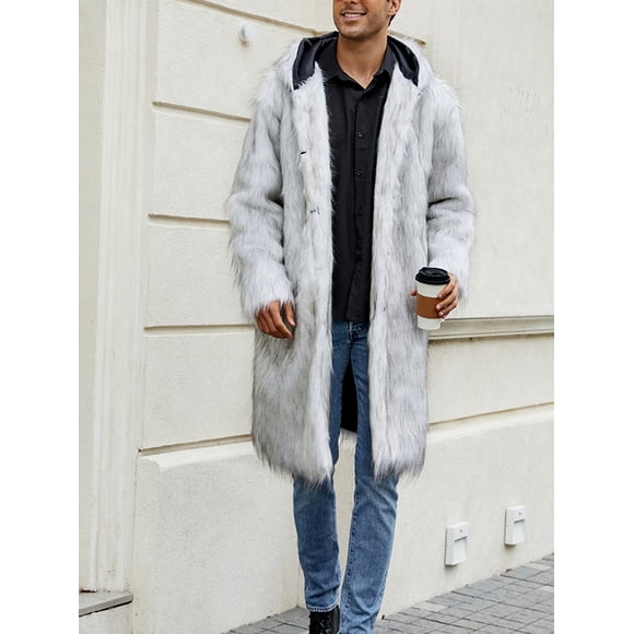 Wangsaura Men's Faux Fur Coat Jacket Winter Warm Long Sleeve Fuzzy Hood Overcoat Thicken Soft Outerwear
