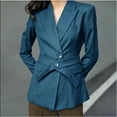 thumbnail image 2 of Ashirexll Blazers for Women Fall Winter Button Solid Color Tie Slim Turn Down Collar Long Sleeve Casual Outwear Jacket with Pockets Blue XXL, 2 of 6