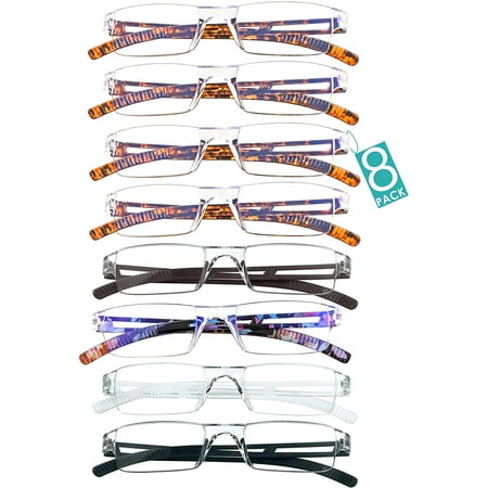 8 Pairs Reading Glasses, Blue Light Blocking Glasses, Computer Reading Glasses for Women and Men, Fashion Square Eyewear Frame (4color+4tortoise,+3.25 Magnification)