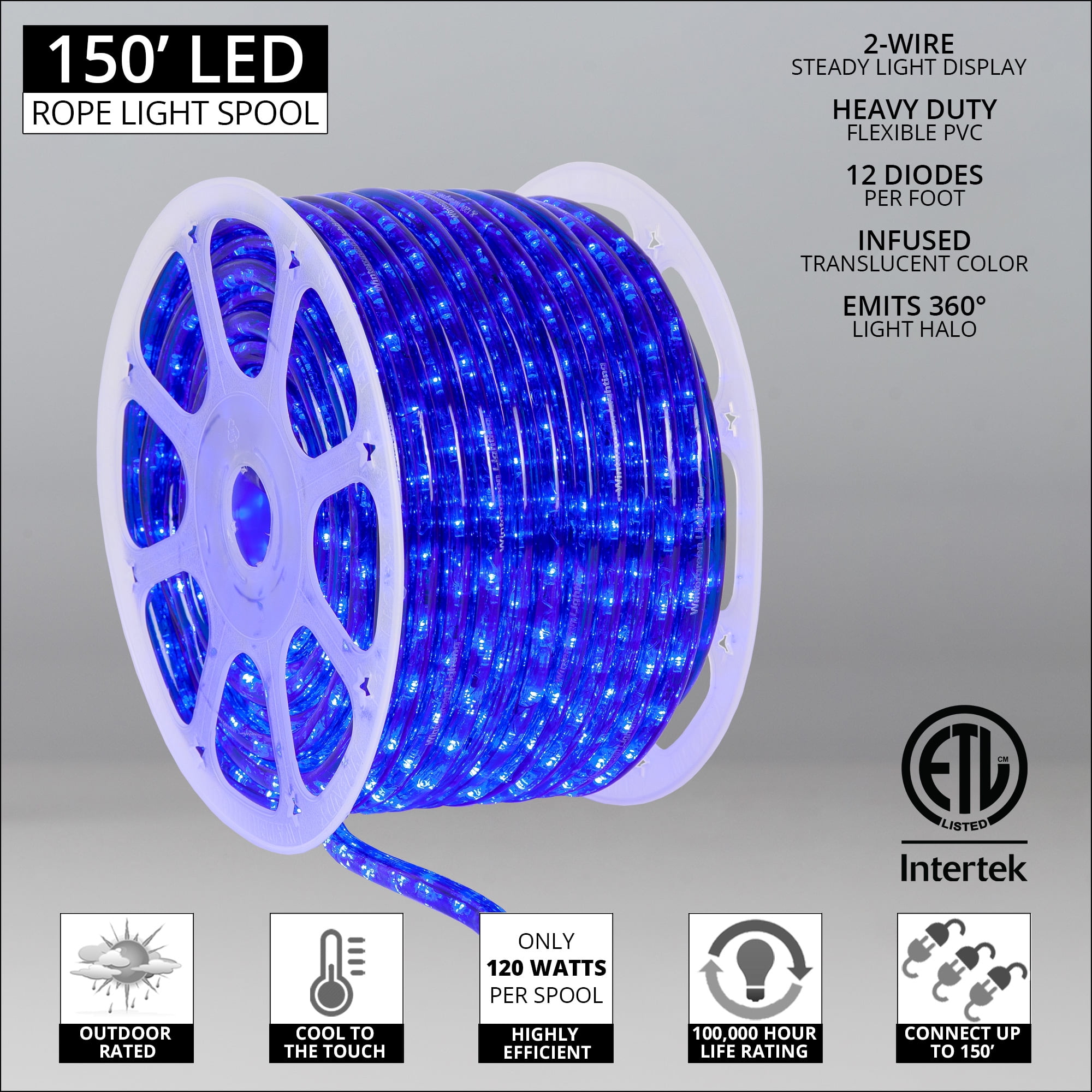150 ft. Blue LED Rope Light Spool Indoor-Outdoor Tube Light Kit, 120V, 1/2  Inch, 2-Wire