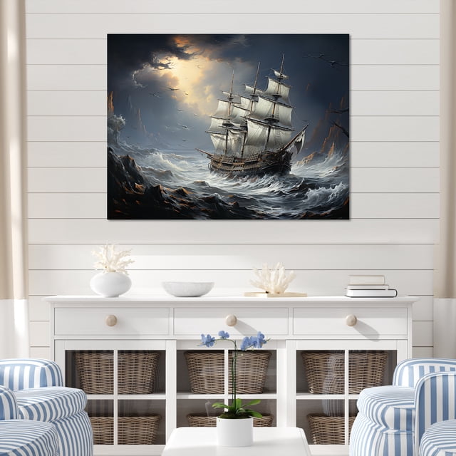 Designart Pirate Wall Art, Pirate Ship Braving Stormy Seas , pirate Large Wall art decor, grey Canvas wall art, 40x30 inches