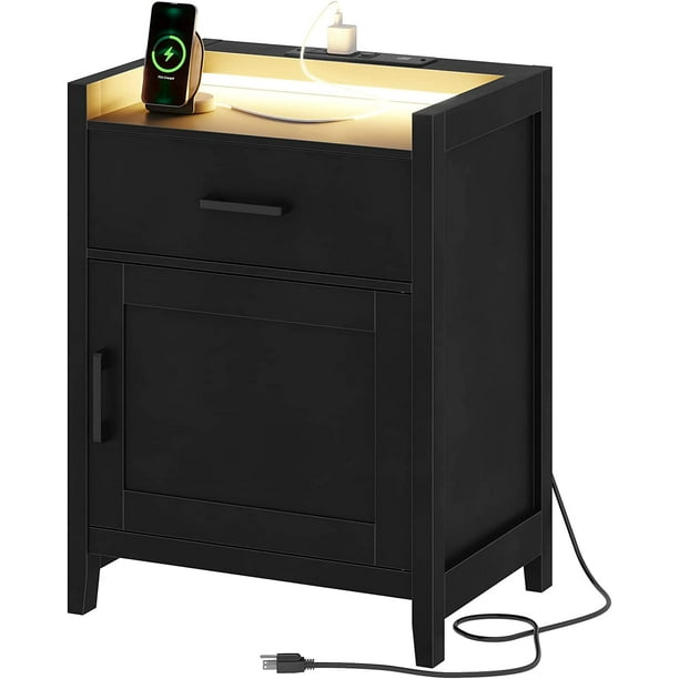 EPHEX Nightstand with Charging Station and LED Lights, Bedside Table