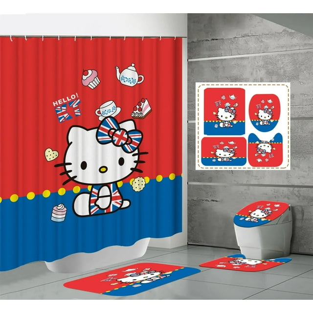 Rideau de Douche Kawaii Hello Kitty Ensemble Quatre Pièces Kit Anime Sanrio Impression Rideau de Douche Tapis Coussinet en U Imperméable Neuf LS
