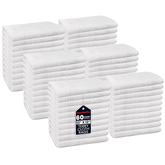 SupremePlus 100% Cotton Terry Towels Cleaning Cloths, 5 lb Box, 60 Count Approx., 12” x 12”, Highly Absorbent Terry Cloth Rags, Reusable White Bar Towels for Garage, Shop, Kitchen & Home