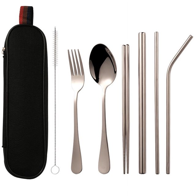 Combinación de vajilla portátil de acero inoxidable 1010 con revestimiento de titanio, cuchillo, tenedor, cuchara, palillos y pajita