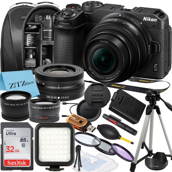 Nikon Z30 Mirrorless Camera with NIKKOR Z DX 16-50mm VR Zoom Lens, SanDisk 32GB Memory Card, Backpack, Flash, Tripod and ZeeTech Accessory Bundle