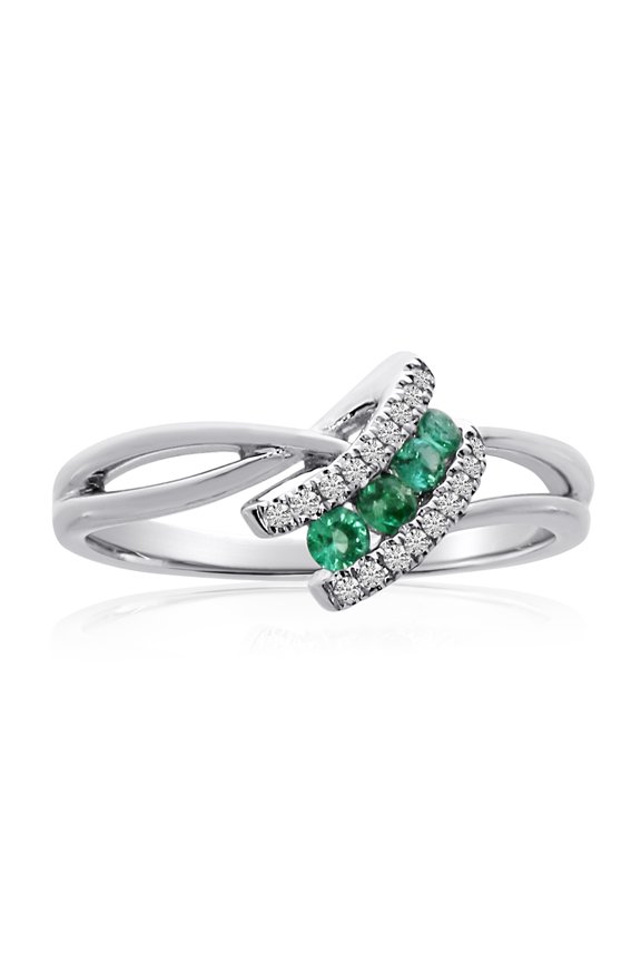 14k White Gold Emerald and Diamond Angle Ring