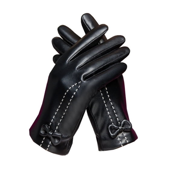 Leather Gloves Women's Autumn And Winter Plus Velvet Padded Warm Cycling Battery Car Touch Screen PU Leather Fashion Butterfly Black L