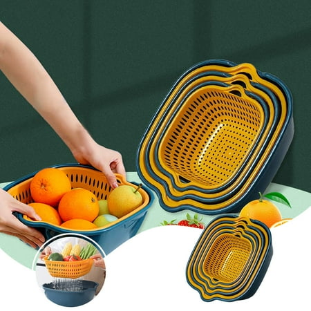 

asjyhkr Six Piece Kitchen Washbas In Double-Layer Basket Vegetable And Fruit Multi-Functional Plastic Washing Basket Blue