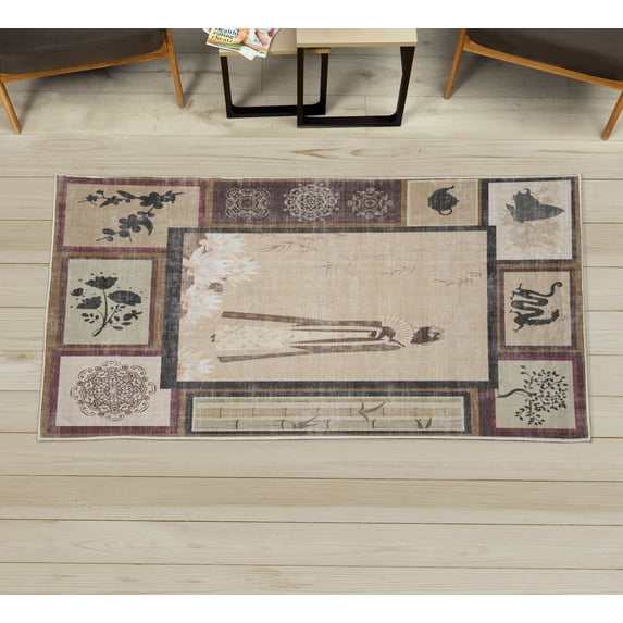 Asian Area Rug with Non-Slip Backing, Ethnic Woman with Folkloric Ornaments Dragon Mandala Tree and Flowers, Quality Carpet for Bedroom and Room, 2.6' x 5', Eggshell Dark Grey Maroon, by Ambesonne