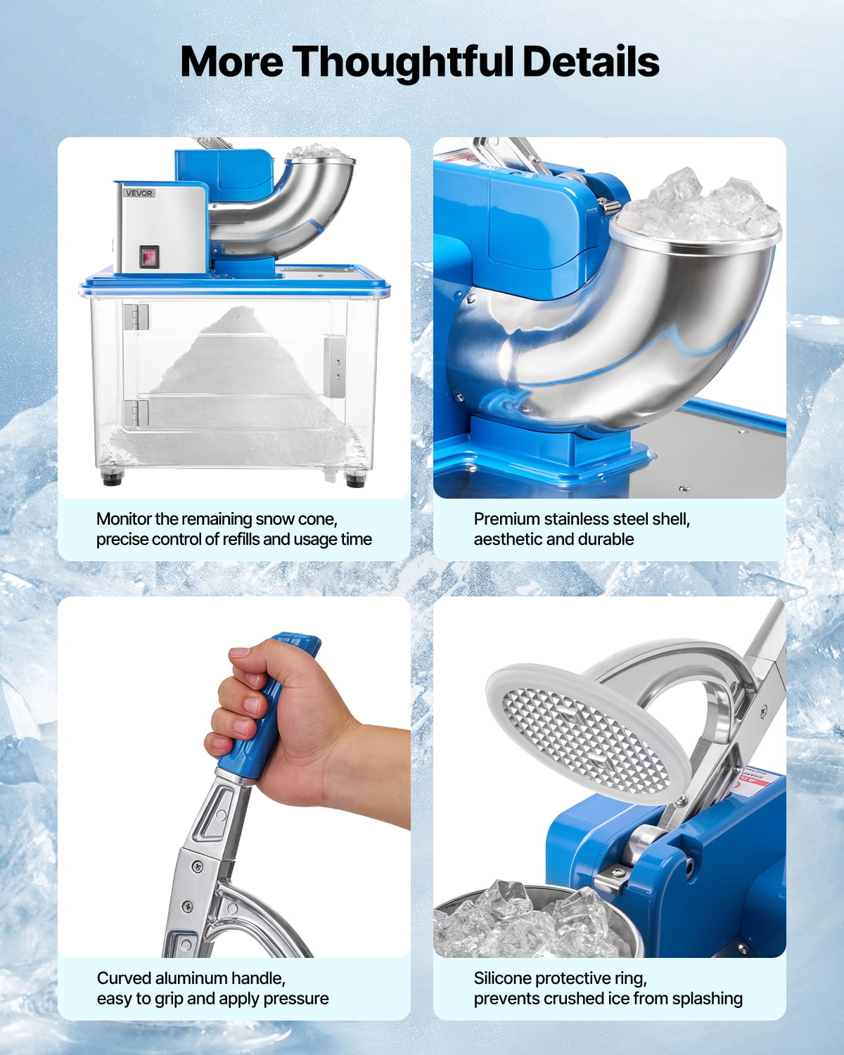 VEVOR Commercial Ice Crusher 661LBS/H, 350W Electric Snow Cone Machine with 4 Blades, 2000RPM Stainless Steel Shaved Ice Machine with 11 Gal Crushed-Ice Box