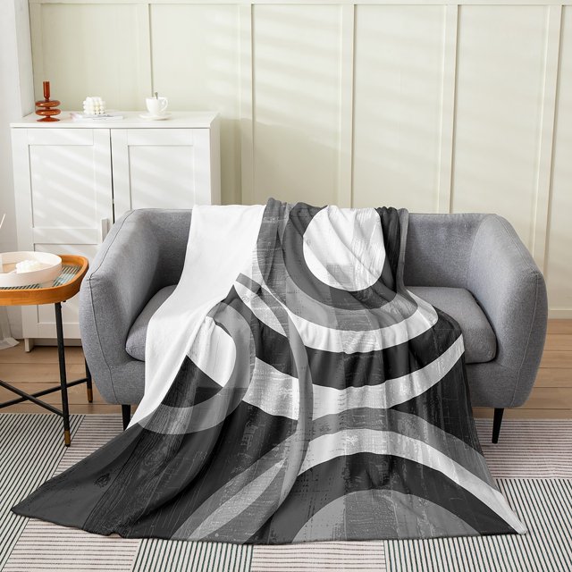 Erosebridal Abstract Circle Spiral Sherpa Blanket 50x60, Gray Fuzzy Blanket Throw, Geometry Room Decor