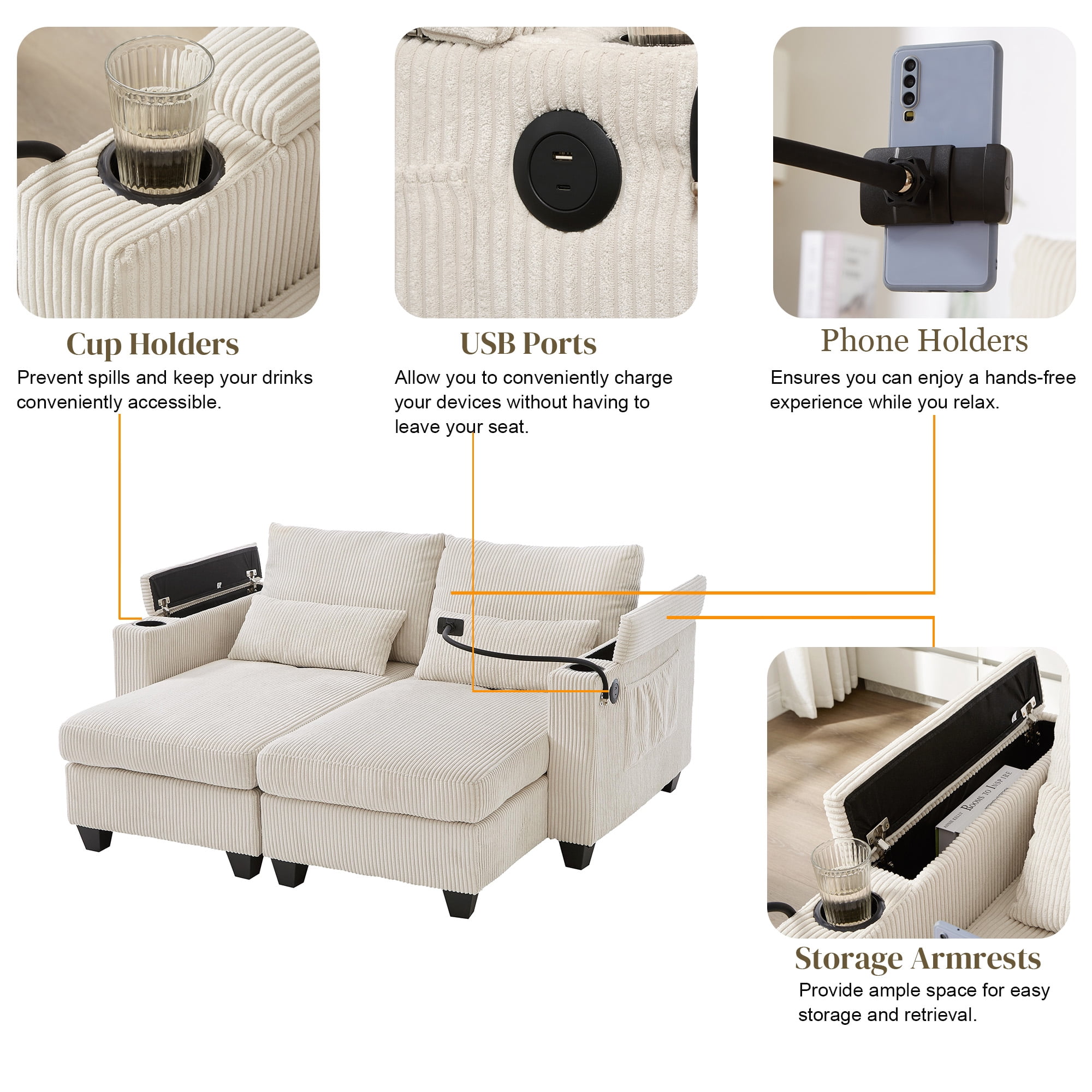 63" Corduroy Convertible Chaise Lounge Loveseat with Storage, USB Ports & Lumbar Pillows