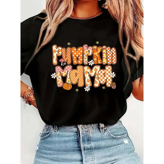 Pumpkin Mama Autumn Flowers Cute Mom Fall ThanksgivingCrew Neck Graphic Tee Cotton Women T-Shirt