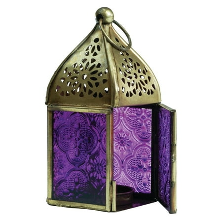 In the Breeze 9203 — Purple Mini Square Tealight Lantern — Moroccan-Style Boho Chic Tealight Glass and Metal Tabletop Lantern
