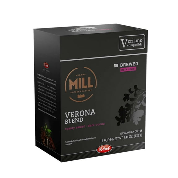 Mr and Mrs Mill Brewed Verona Blend Coffee K-fee® & Starbucks® Verismo* Compatible | 72 Count (6 boxes X 12 Pods) | Dark Roast Single Serve Coffee Pods