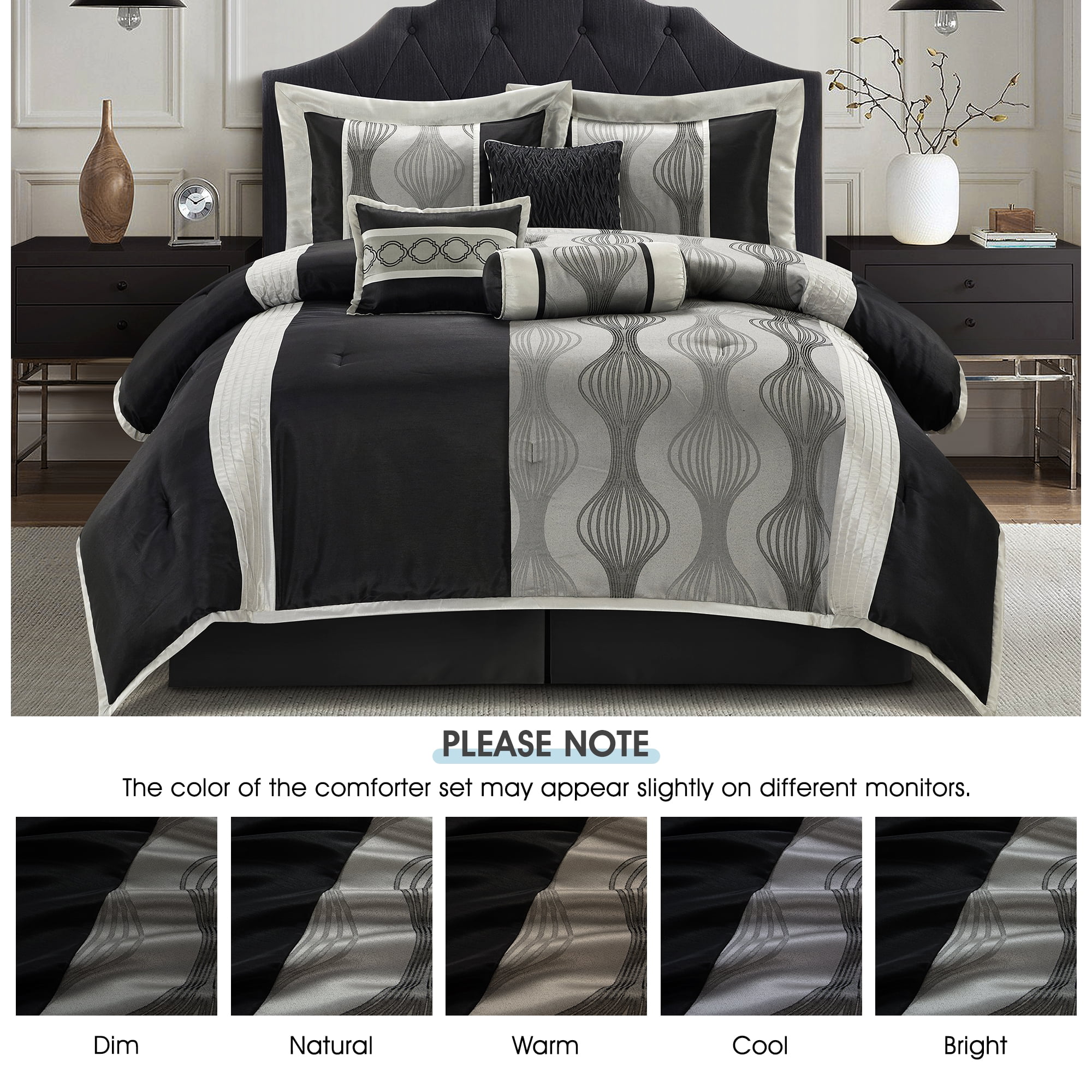 Lanco Black and Silver Comforter Set Queen Size, 7 Pieces Bedding & Collection, Jacquard All Season Comforter & Pillows, Ultra-Soft Microfiber
