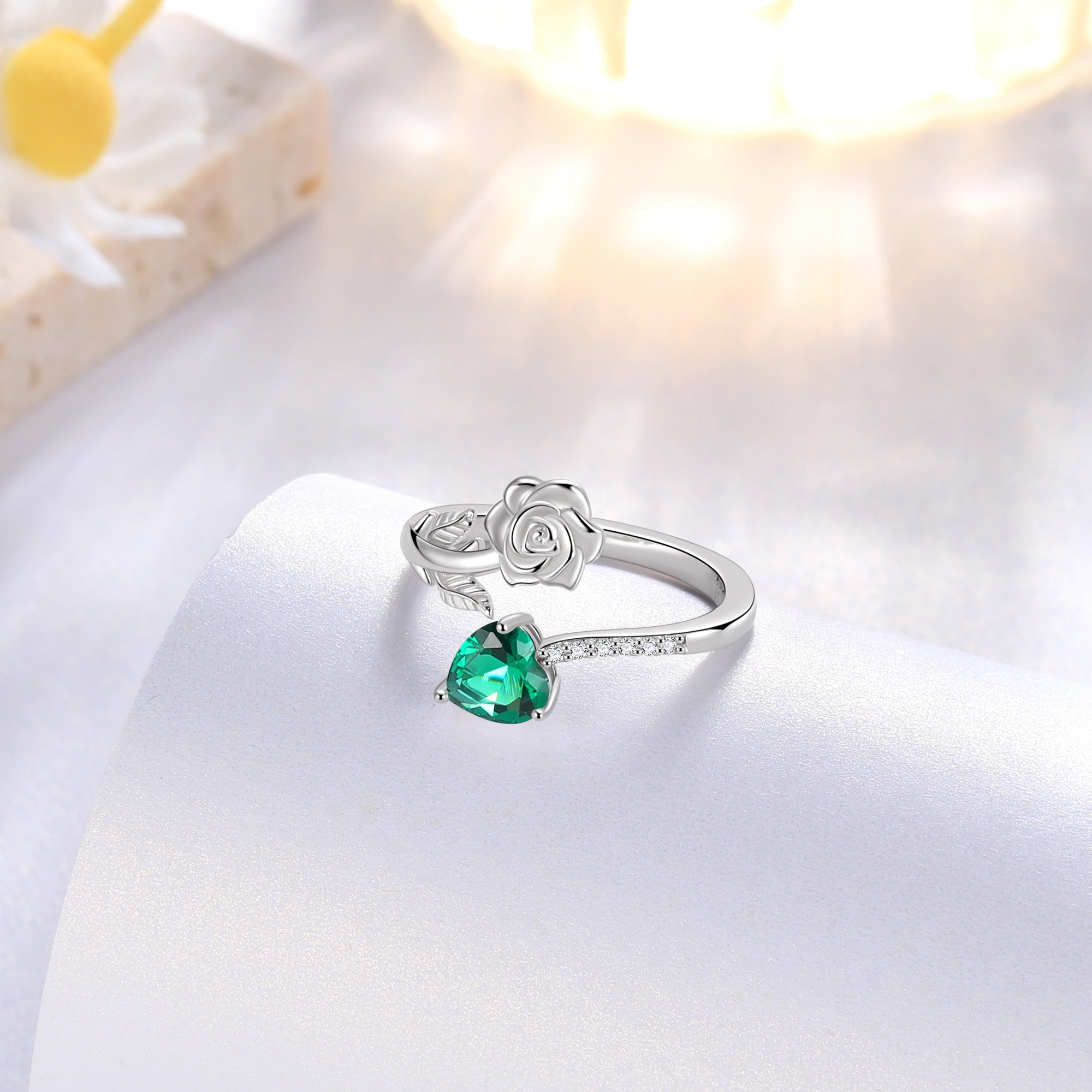 Beautlace Rose Heart Birthstone Ring,925 Sterling Silver Adjustable Open Heart Rings Jewelry Gifts for Women Mom -May