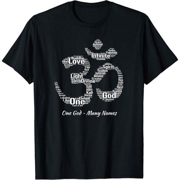 Names of God T-Shirt in Om Symbol Yoga Inspired Aum T-ShirtMen and women, Black T-shirt, size: Extra large