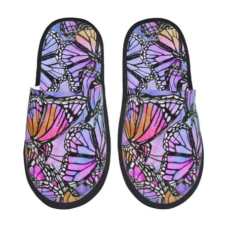Balery Watercolor Butterflies Slient Indoor Furry Fleece Comfort House Shoes Soft Non-Slip Home Shoes Cotton slippers House Slippers-- Large