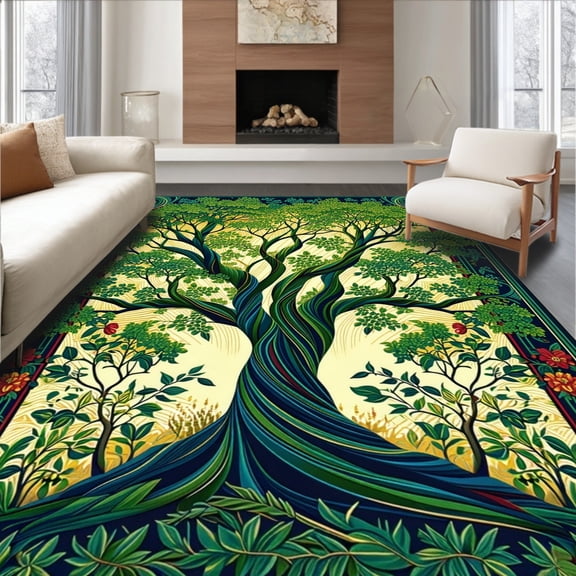 ODIKA 4'x6' Machine Washable Non-Slip Area Rug, Vibrant Tree of Life Colorful Botanical Art for High Traffic Rug, Green, 95451
