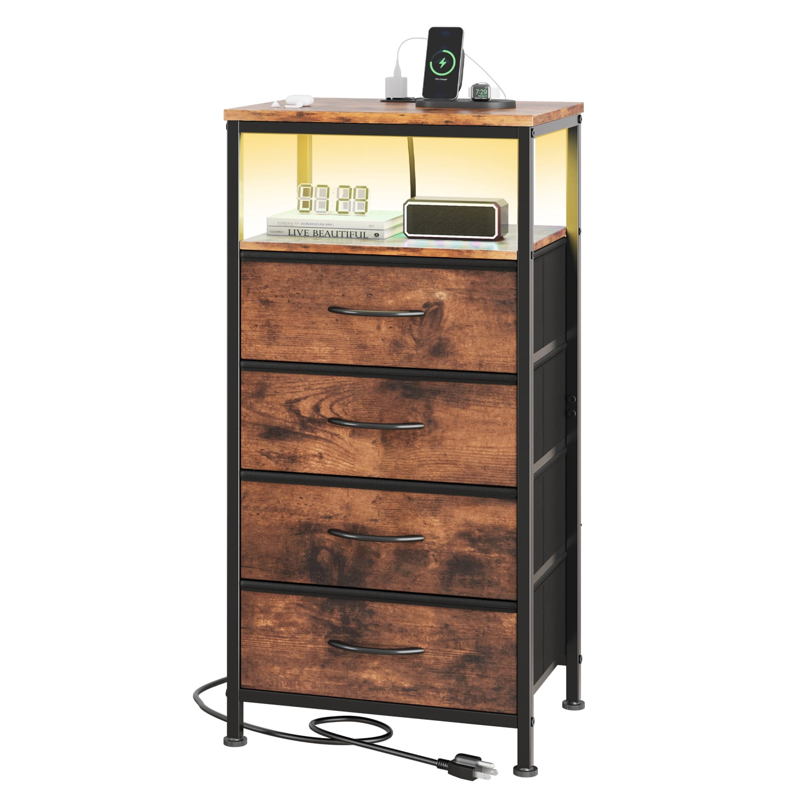 JIOABL 4 Drawer Nightstand with USB & Type-C Charging, Fabric Drawers, Metal Frame, Rustic Brown