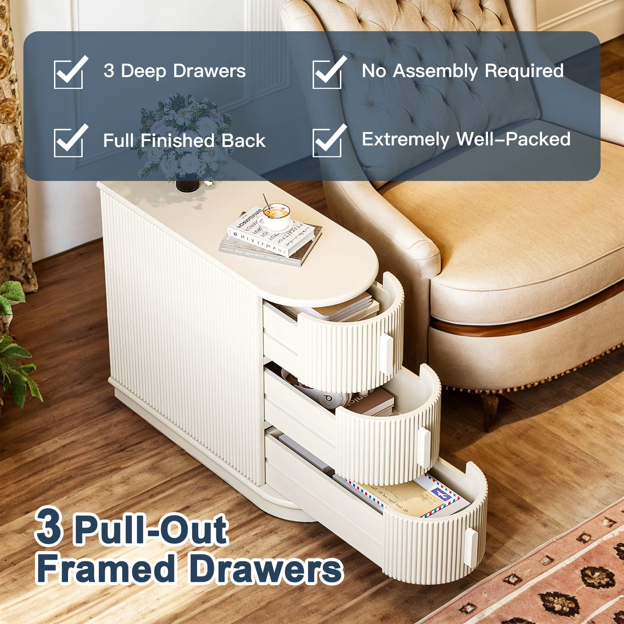 Demi Bonn Narrow Side Table with 3 Drawers, Wood Side End Table, Nightstand and Bedside Table with Storage, for Small Spaces, White