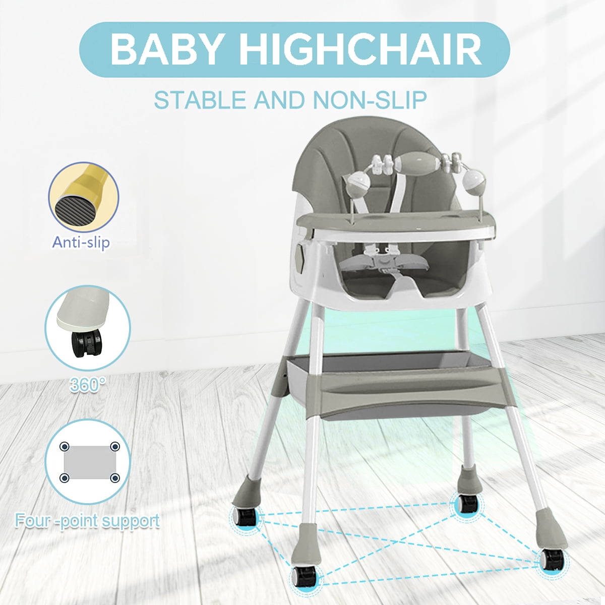 PUEDO 4-in-1 Baby High Chair Portable Toddler Dining Chairs Eat & Play Convertible Highchair with Adjustable Tray, Gray