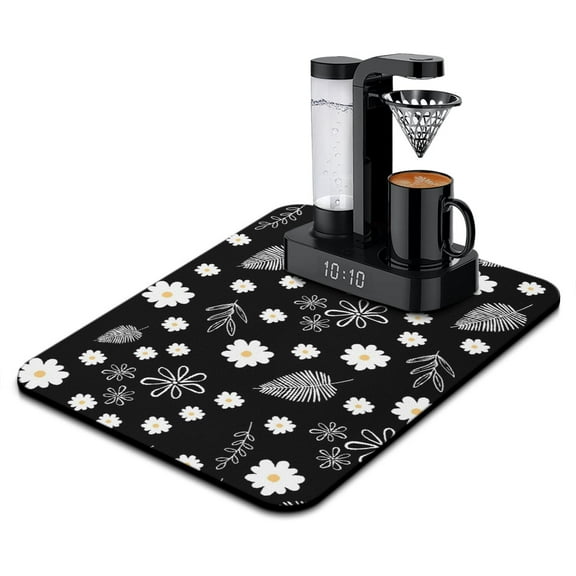 Floral and Skull Coffee Bar Mat, Absorbent Vintage Dish Drying Pad, Botanical Kitchen Counter Protector