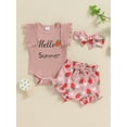 thumbnail image 2 of Nygoyerh Baby Girls Summer 3Pcs Outfits Fly Sleeve Letter Print Romper + Cute Fruits Print Shorts + Bow Headband 3M 6M 9M 12M 18M Newborn Infant Casual Shorts Sets, 2 of 9